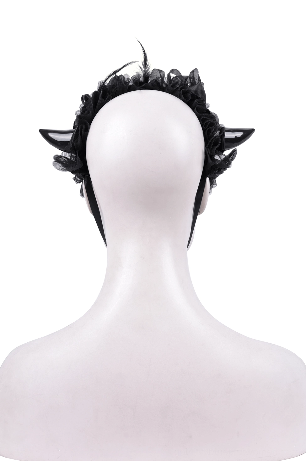 Gothic devil horn headband with black ribbon fasteners and small pointed horns, back view on mannequin display