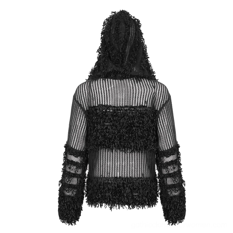 Black distressed gothic hoodie rear full view on mannequin showing back frayed panel and fully covered hooded design