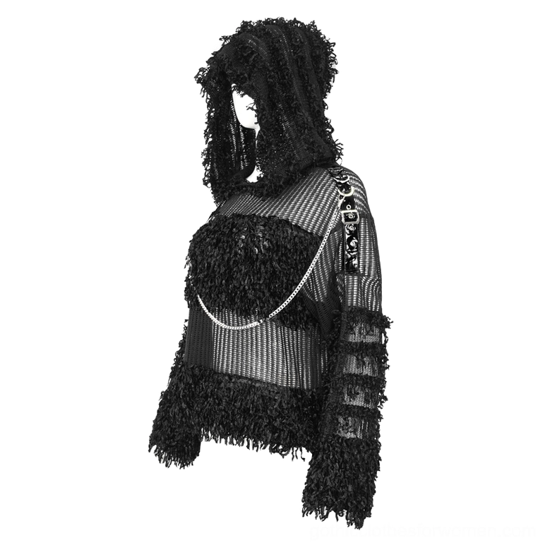 Black gothic distressed sheer hoodie on mannequin left side view displaying buckled shoulder strap and metal chain decorative accents