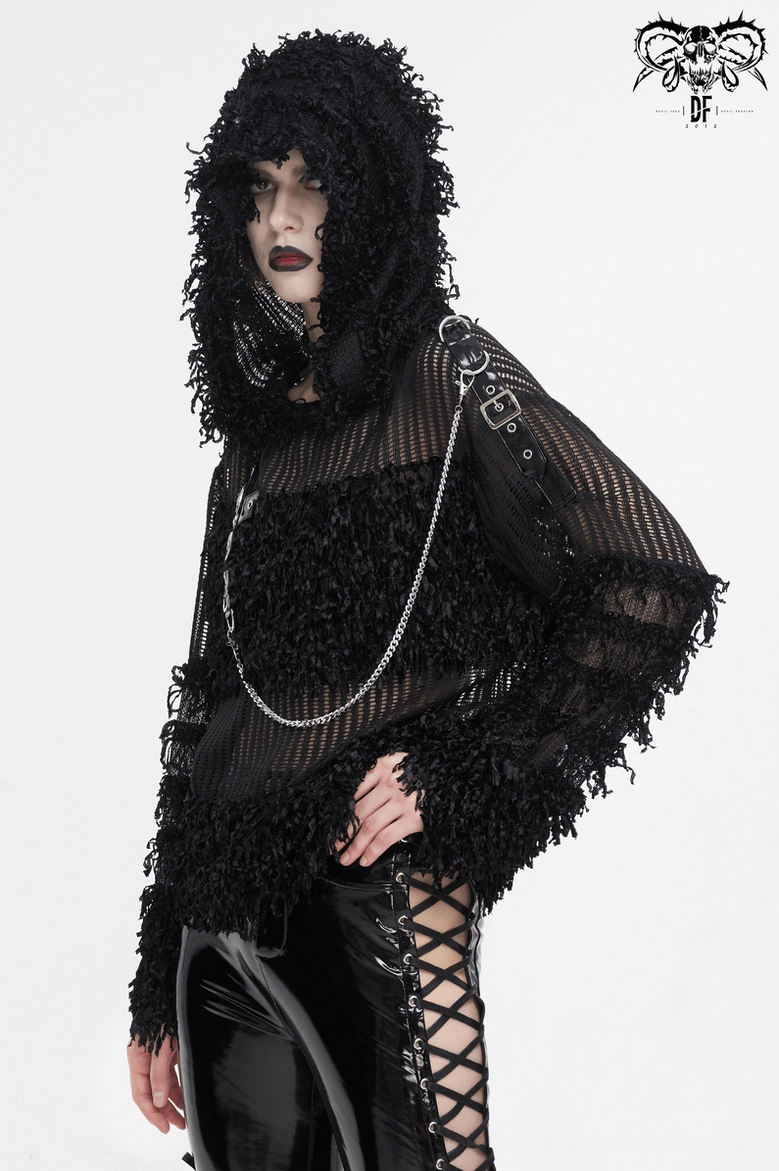 Black distressed sheer gothic hoodie worn by female goth model front three-quarter angle with lace-up patent leather pants styling
