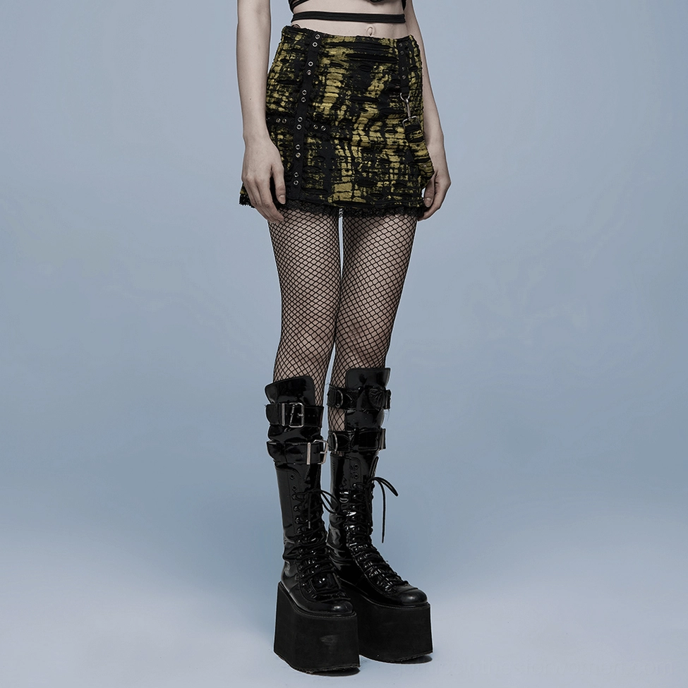 Product showcase of black cross distressed knit mini skirt with mesh rips and premium lace hem detail