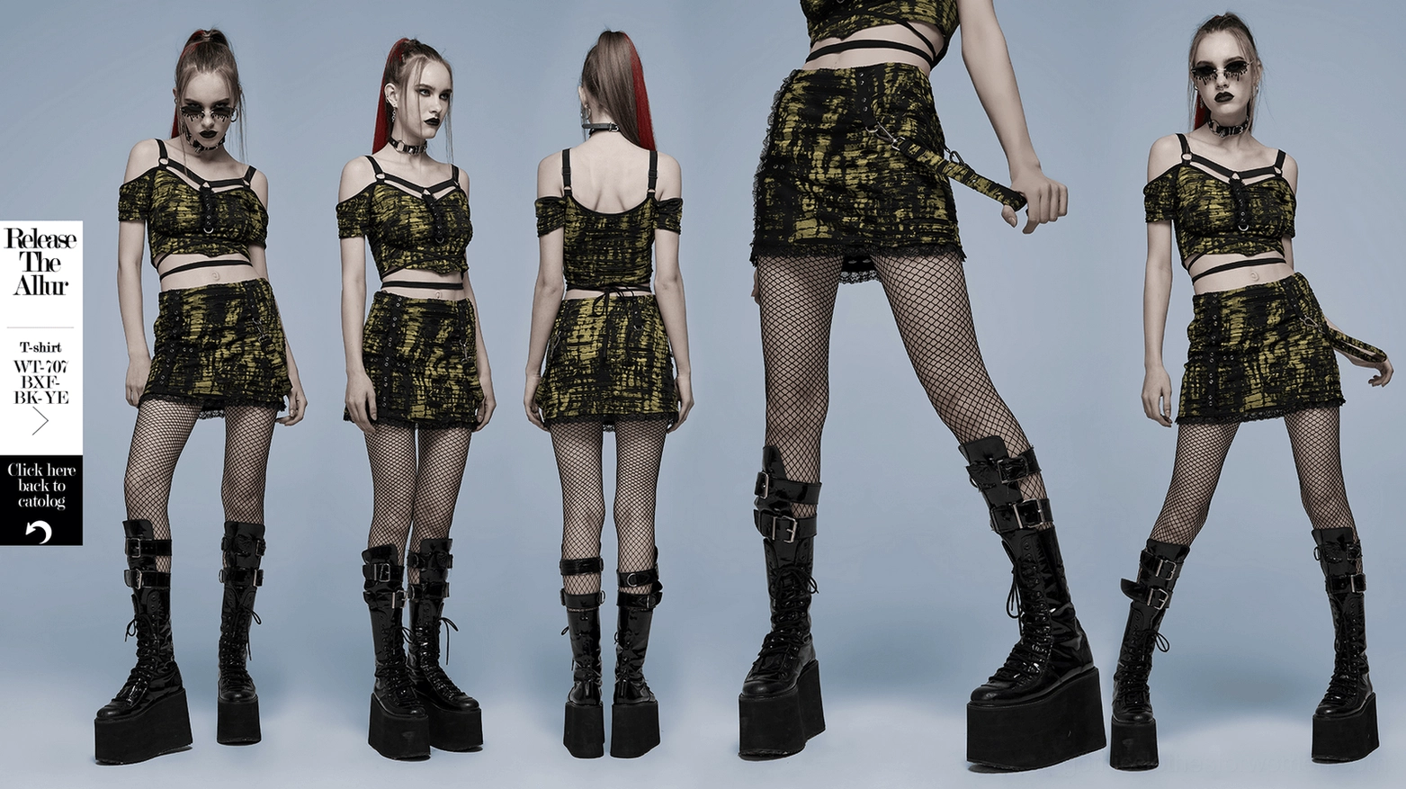 Alternative angle product photo of black gothic distressed knit mini skirt with ripped mesh panels and metal strap attachment