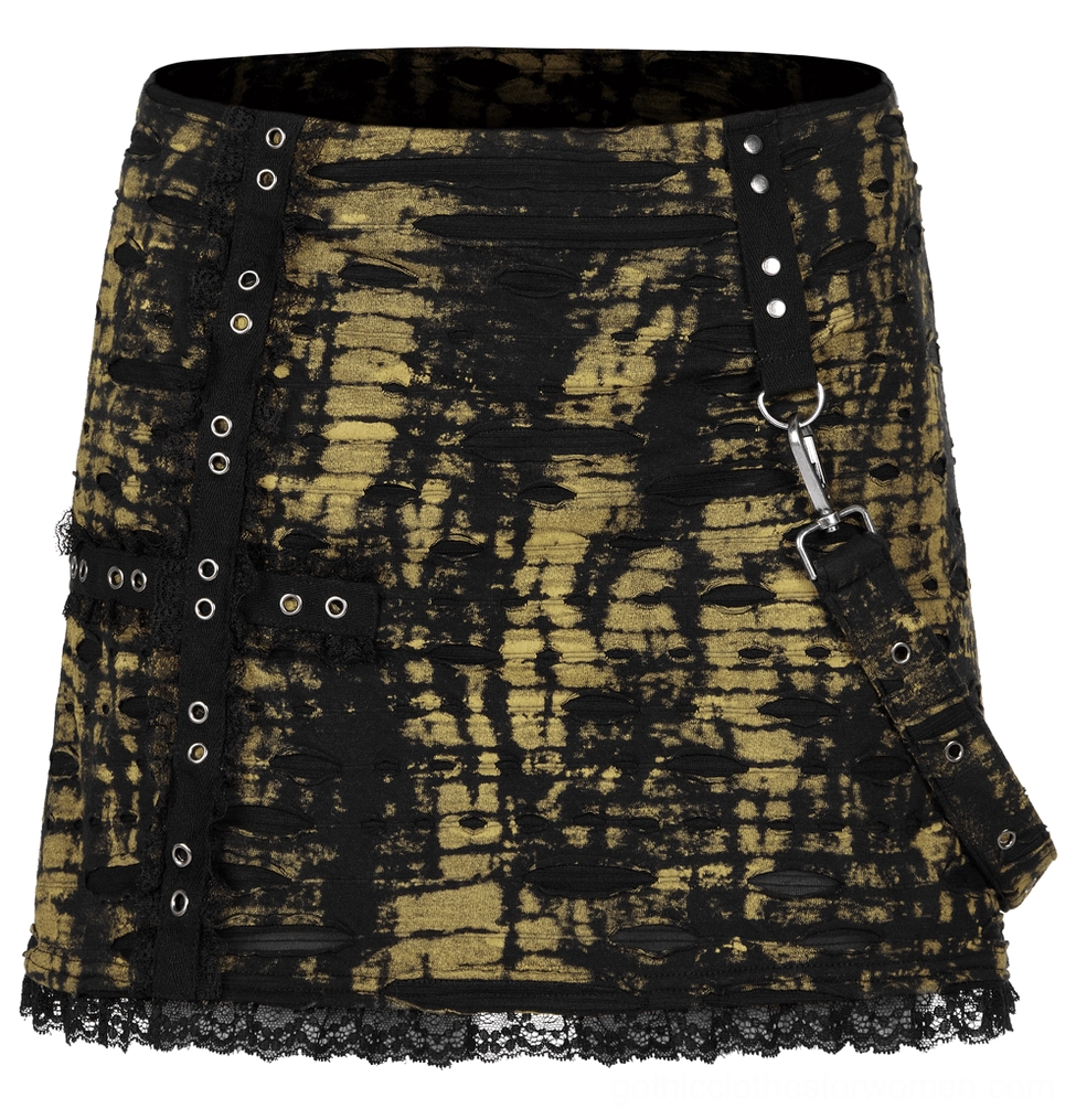 Close-up product shot of black distressed knit mini skirt with yellow tie-dye pattern and metal eyelet strap detail