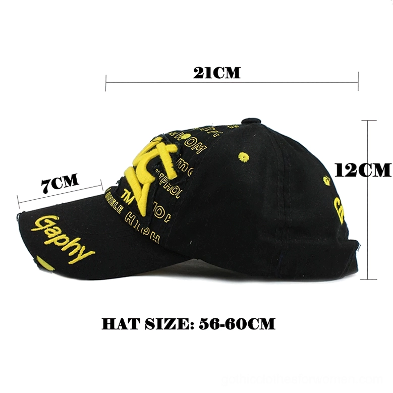 Unisex gothic distressed letter snapback baseball cap, adjustable closure detail