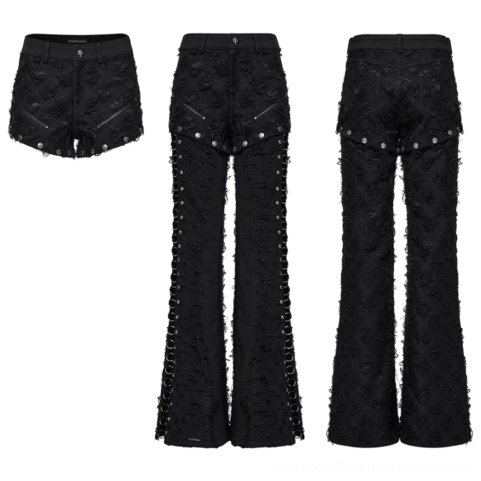 Black gothic split-leg pants flat lay display - metal O-ring slits metal studs detailing