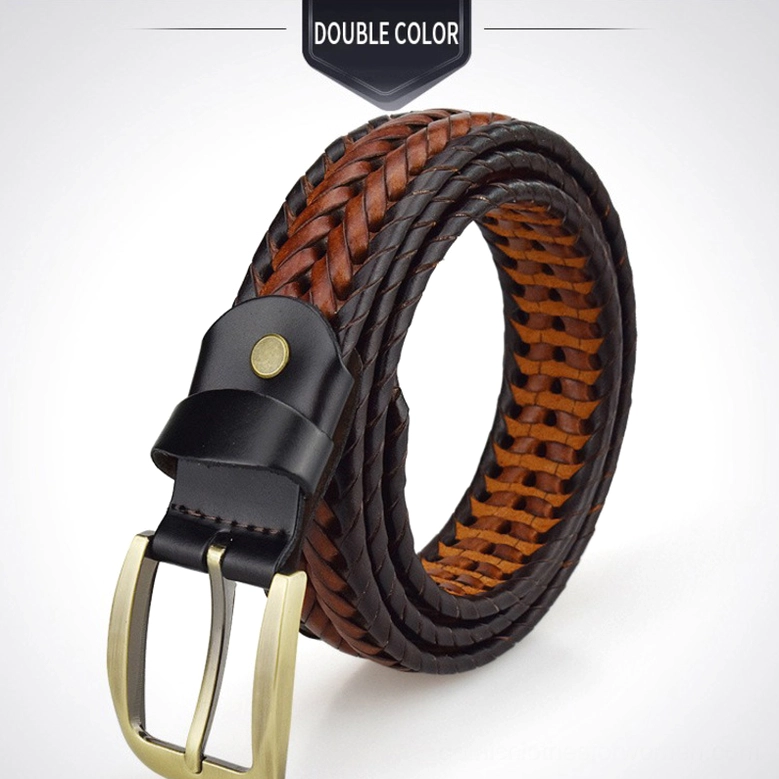Double color black and brown gothic belt with hand-braided pattern and dark metal buckle, side angle view