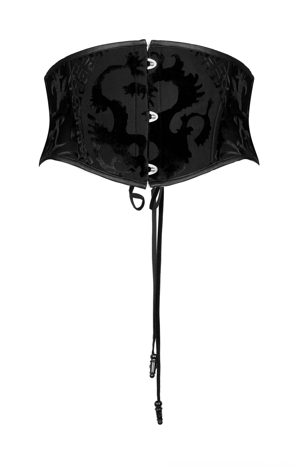 Gothic dragon corset belt front flat lay showing multiple metal snap buttons, decorative drawstring, and sculptural waist shape