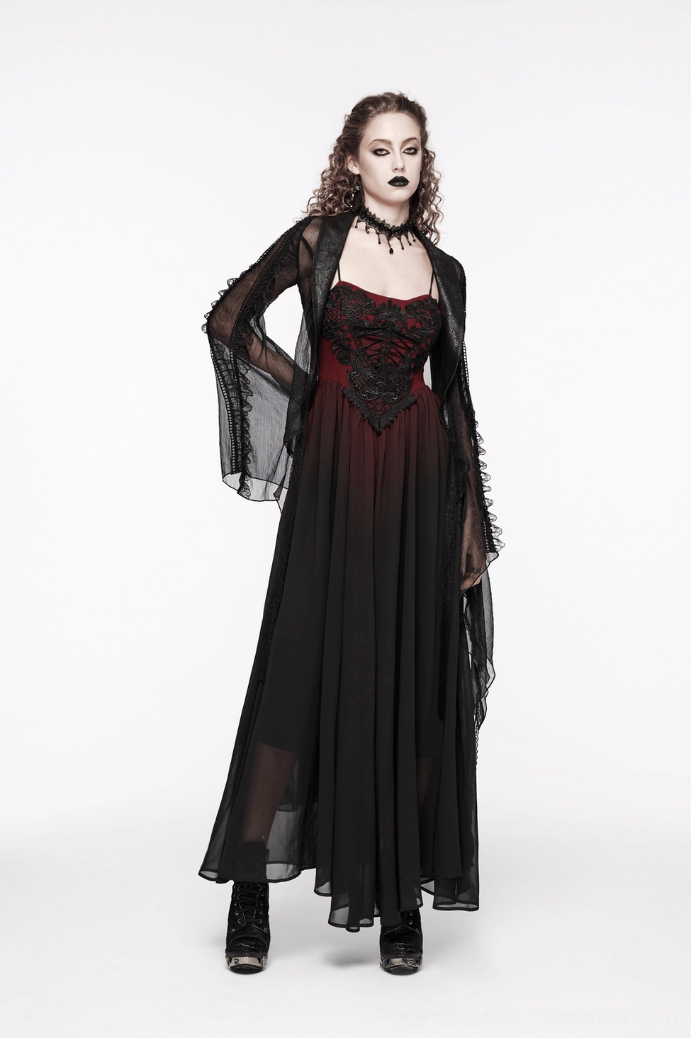 Detailed view of gothic dress adjustable strap and lace bodice construction
