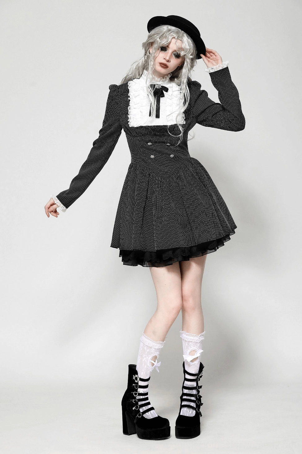 Black pinstripe gothic dress alternative styling angle highlighting romantic lace ruffle bib collar