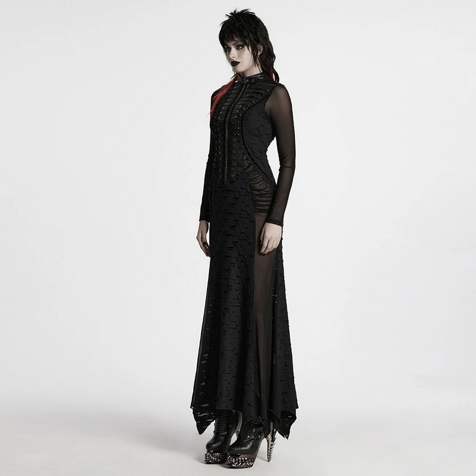 Gothic maxi dress alternative fashion styling showing architectural design elements, pleated structure, mesh transparency, and alternative subculture aesthetic appeal