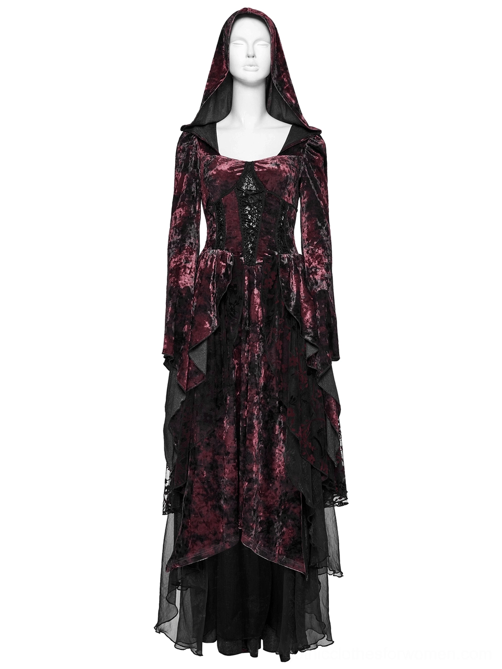 Gothic velvet hooded dress rear mannequin view showing layered high-low tulle skirt and floor-length hem