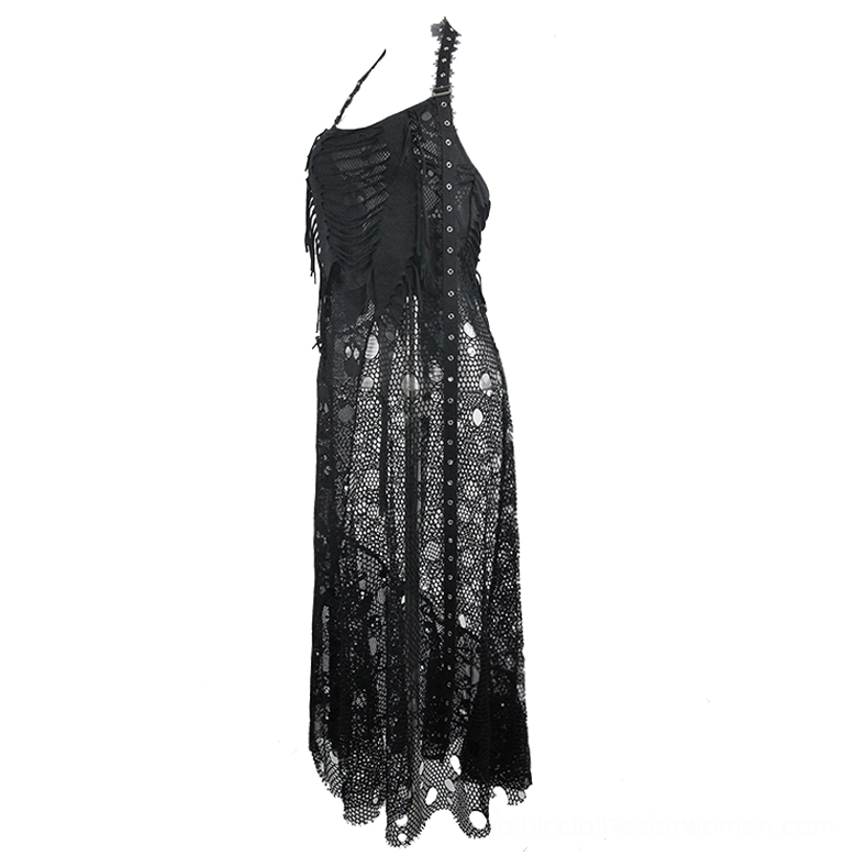Black gothic maxi dress with asymmetrical halter strap and tattered bodice, side view showing skull fishnet skirt