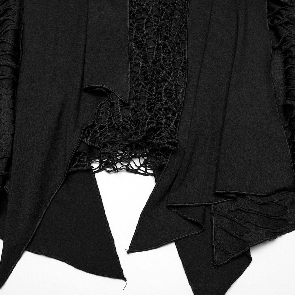 Close-up of black gothic dress asymmetrical handkerchief hem with mesh ruffle and mixed fabric layers