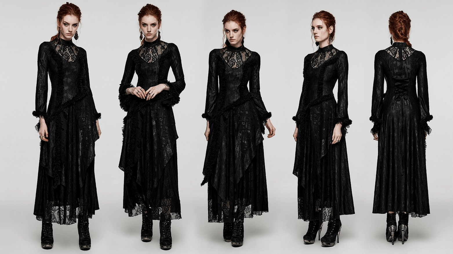 Gothic dress detail shot highlighting the asymmetrical layered construction, lace trim placement and romantic design elements