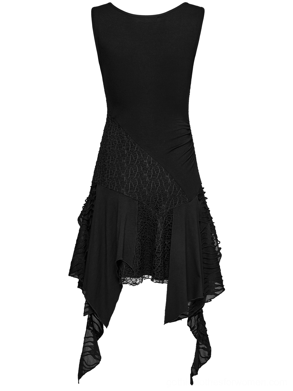 Black gothic sleeveless dress back flat lay showing asymmetrical handkerchief hem and textured side panel