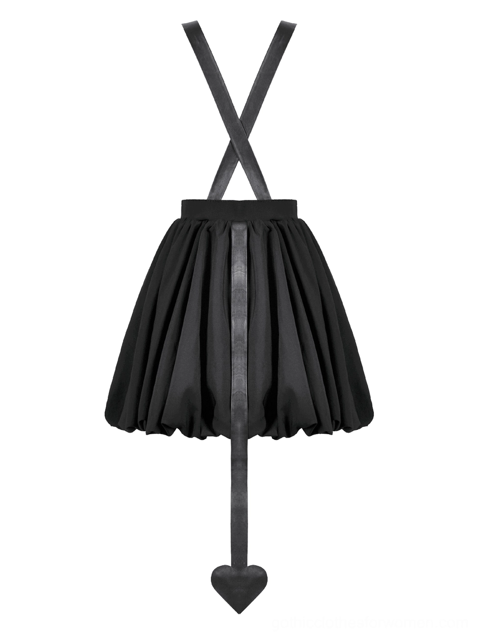 Back flat lay of gothic dress showing bubble skirt construction and adjustable suspender details