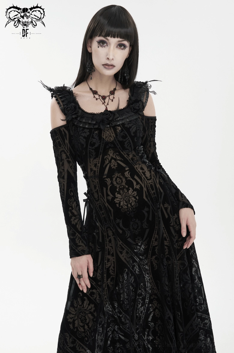 Black gothic off-shoulder dress back detail showing crisscross lace corset closure and feather shoulder embellishment