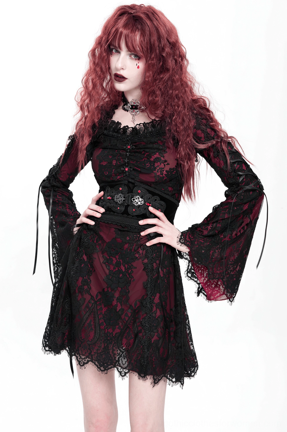 Wine red gothic mini dress back angle showing corset-inspired belt structure and decorative strap arrangement