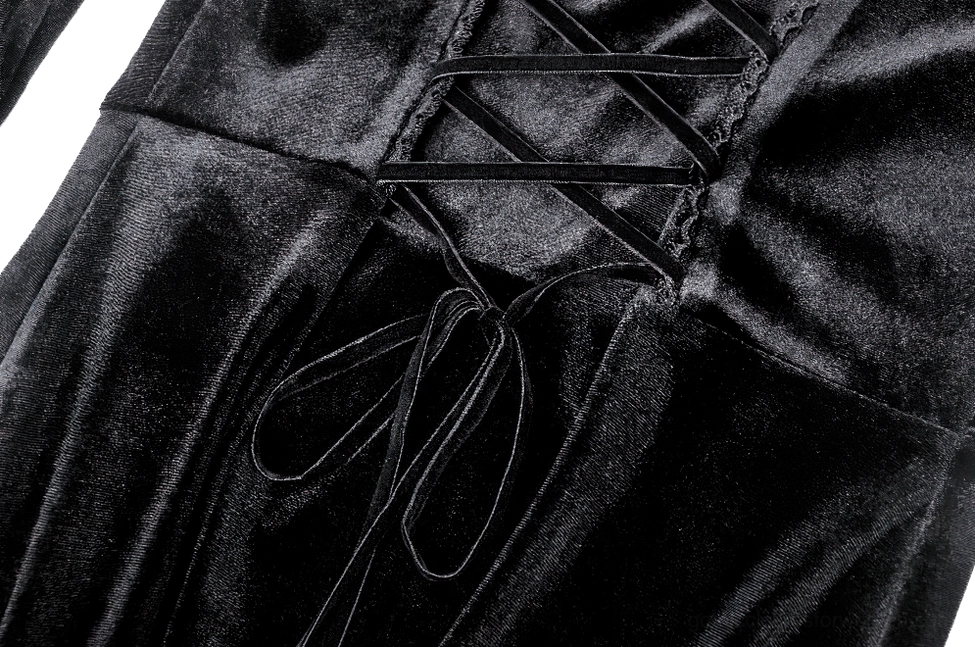 Close-up of gothic dress back detail showing back corset lace-up system and black velvet fabric draping