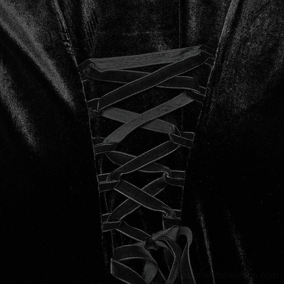 Close-up of back corset lace-up design on black velvet gothic dress, showing cross-strap tight lacing system