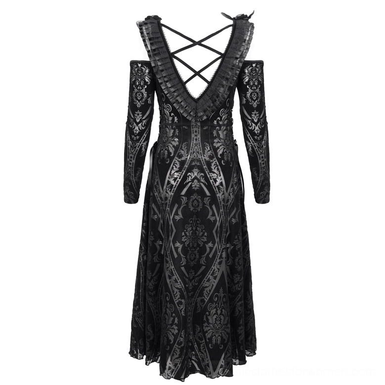 Back display of gothic off-shoulder midi dress with crisscross lace-up corset detail and feather shoulder decoration