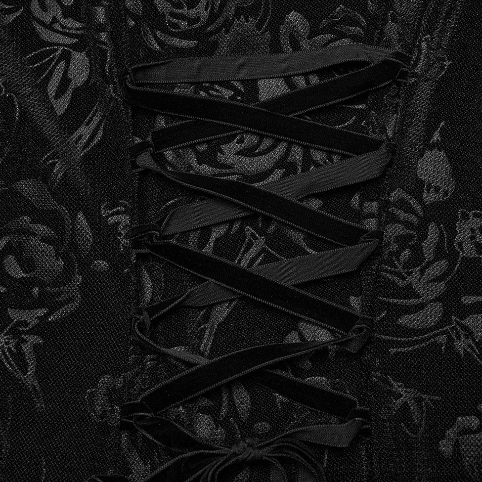 Close-up of black gothic dress back corset lace-up design with ribbon lacing and floral jacquard velvet fabric