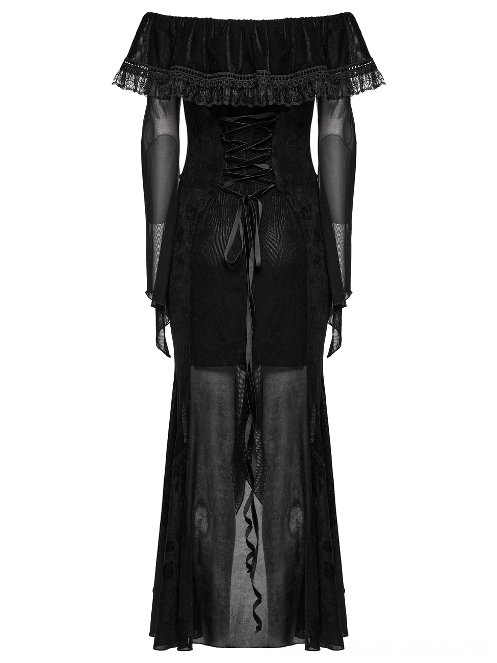 Gothic dress back product shot detail showing corset lace-up back and dramatic fishtail mesh skirt