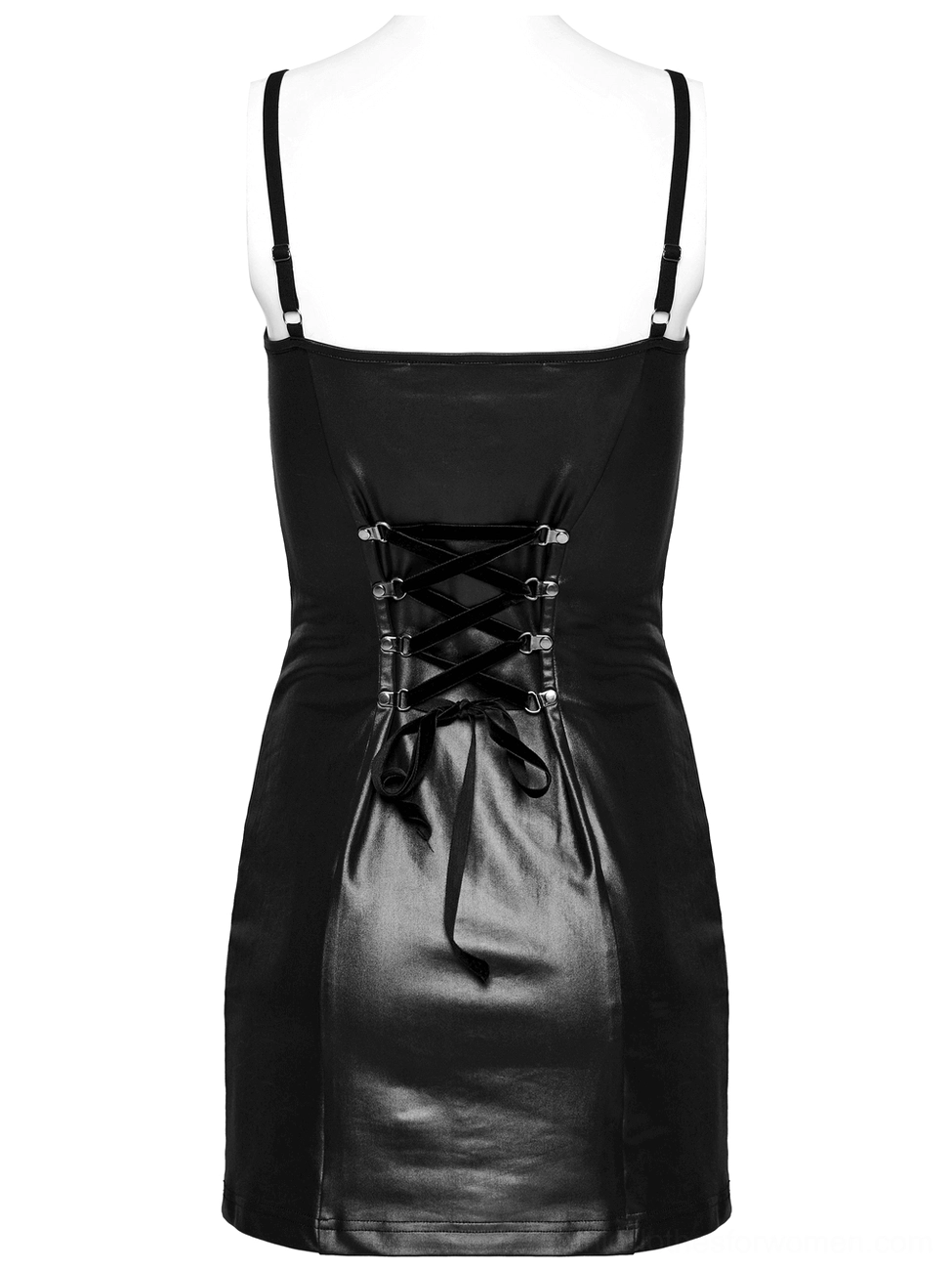 Black gothic dress back view on mannequin displaying sleek lace-up corset back and metal hardware