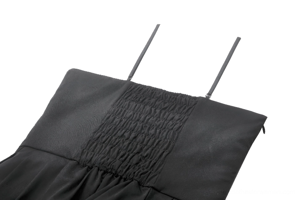 Back detail of gothic black and white dress showing shirred elastic panel and spaghetti straps construction