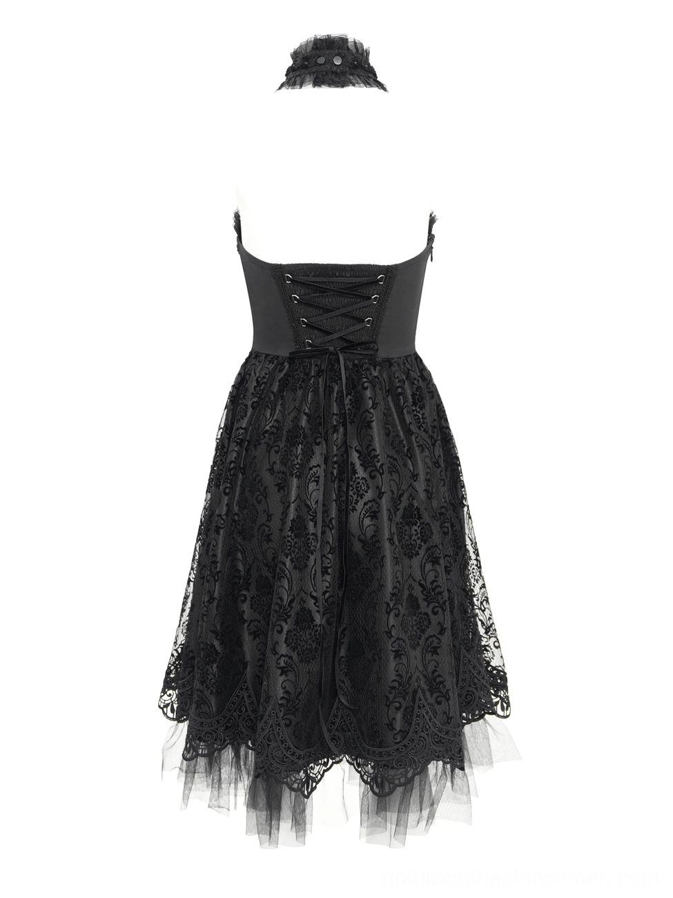 Gothic dress back view on mannequin display showing lace-up back closure and floral lace skirt