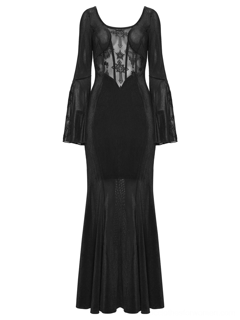 Black gothic dress back view flat lay displaying corset lace-up fastening and long mesh sleeves