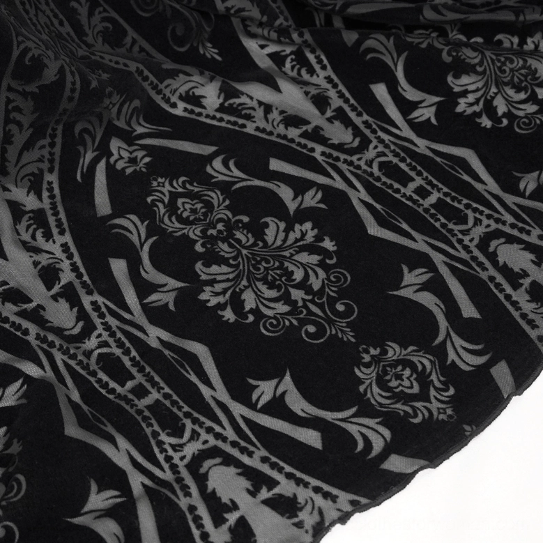 Black gothic off-shoulder dress back flat lay showcasing complete damask pattern and crisscross lace-up corset design
