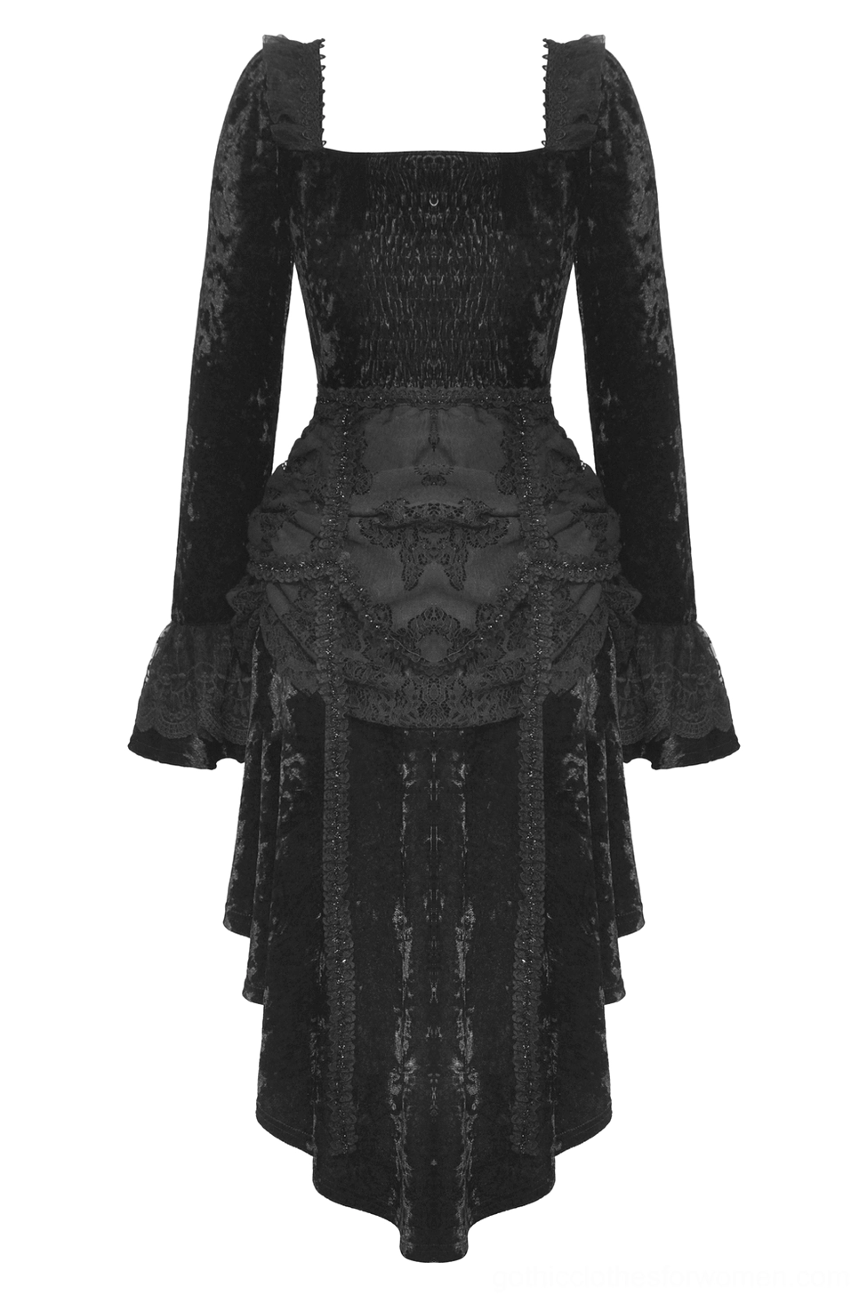 Black gothic velvet dress back flat lay view showing shirred waist panel and layered ruffled high-low hemline with lace overlay