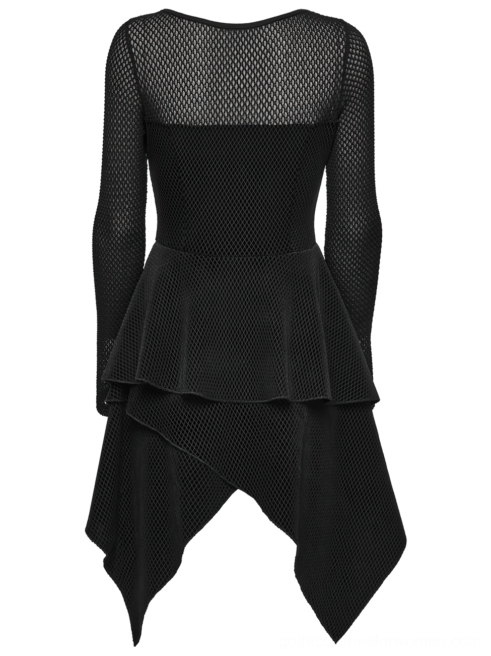 Black mesh dress back flat lay displaying solid mesh back panel with peplum waist detail