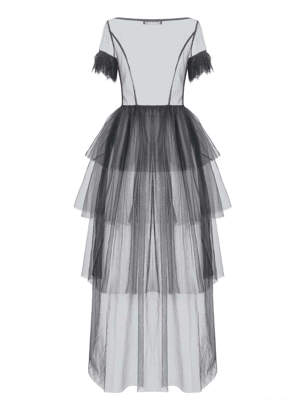 Black gothic tulle maxi dress back flat lay view displaying ruffled short sleeves and sheer back panel detail