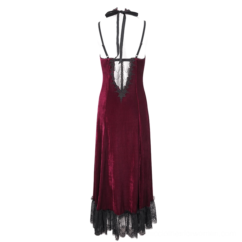 Wine red velvet gothic dress back display showing halter neck strap and back lace cutout with black lace hem
