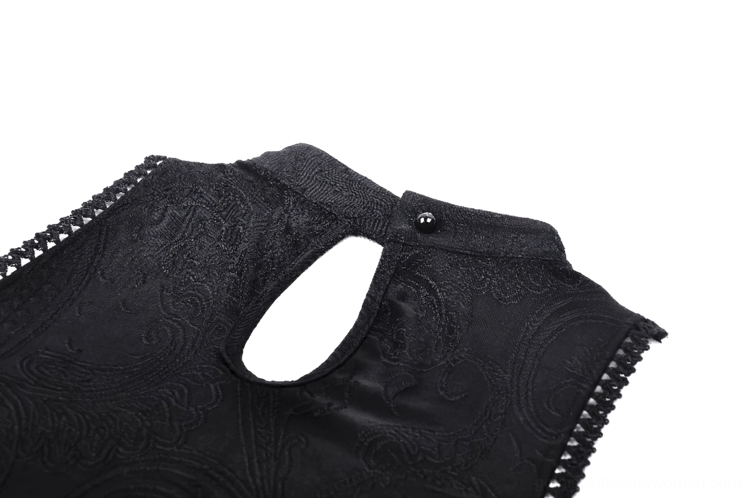 Gothic dress back neck hardware detail - keyhole cutout with button closure