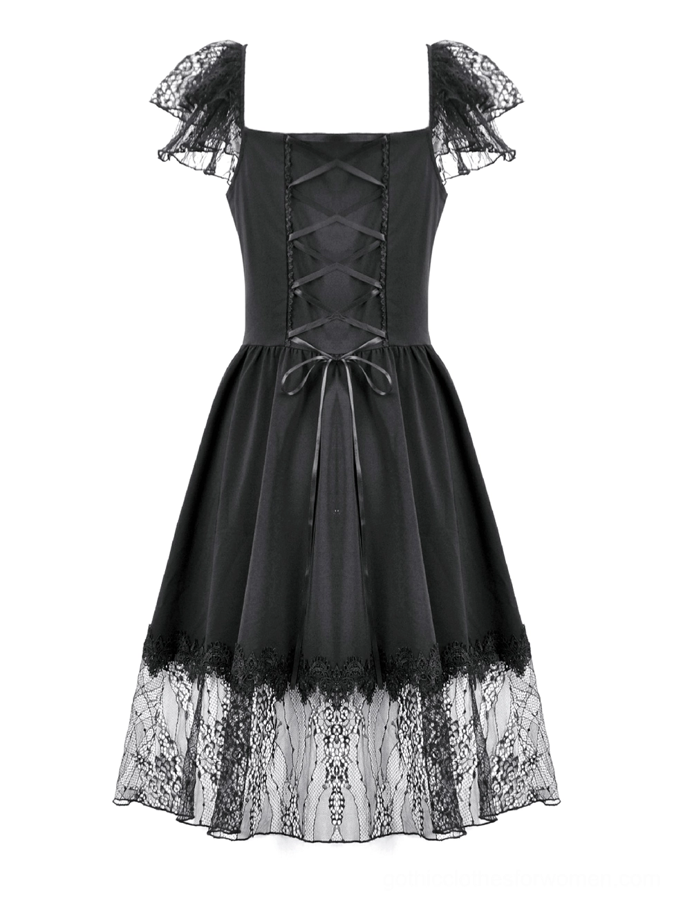 Black gothic lace dress back flat lay showing lace-up ribbon closure and layered sheer lace hem details