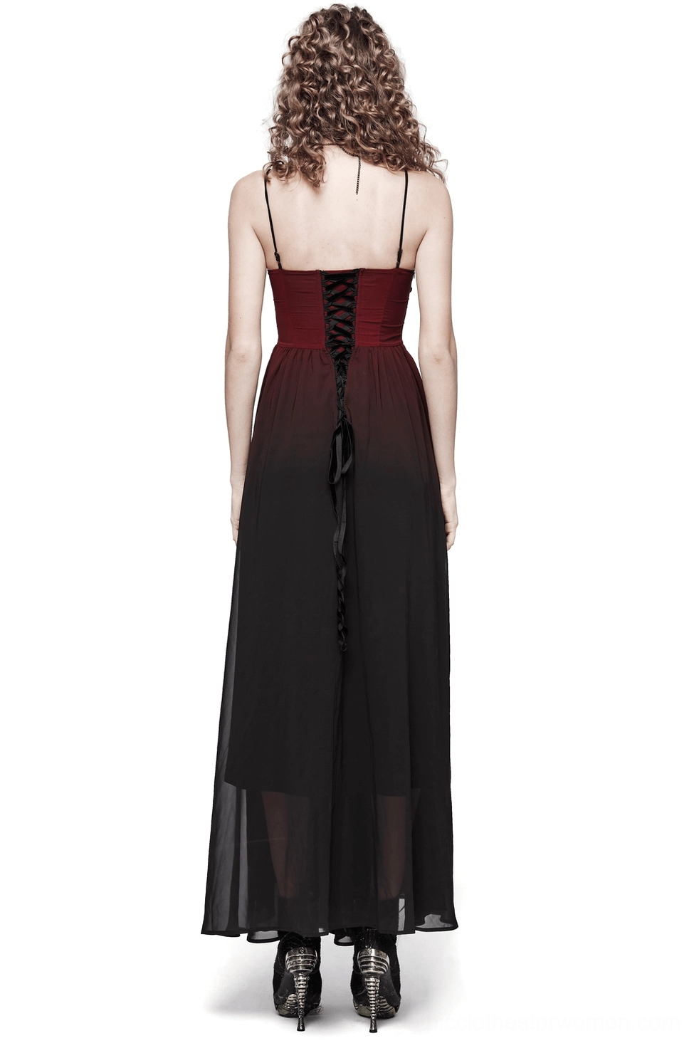 Back view of gothic dress showing corset lace-up velvet ribbon closure and floor-length sheer chiffon