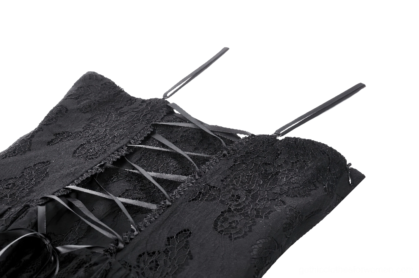 Close-up of gothic dress crisscross lace-up back featuring black lace and ribbon cording