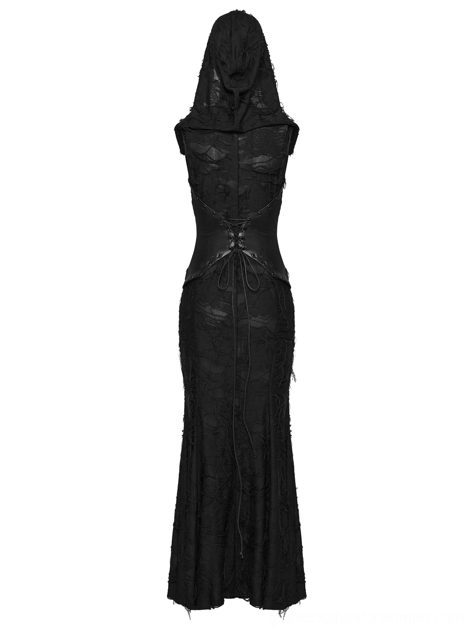 Black gothic fishtail dress back static view, showing attached hood and ornate lace-up back design details