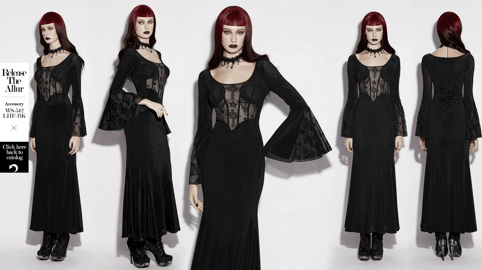 Black gothic dress back view showing corset lace-up construction and full bell sleeve design