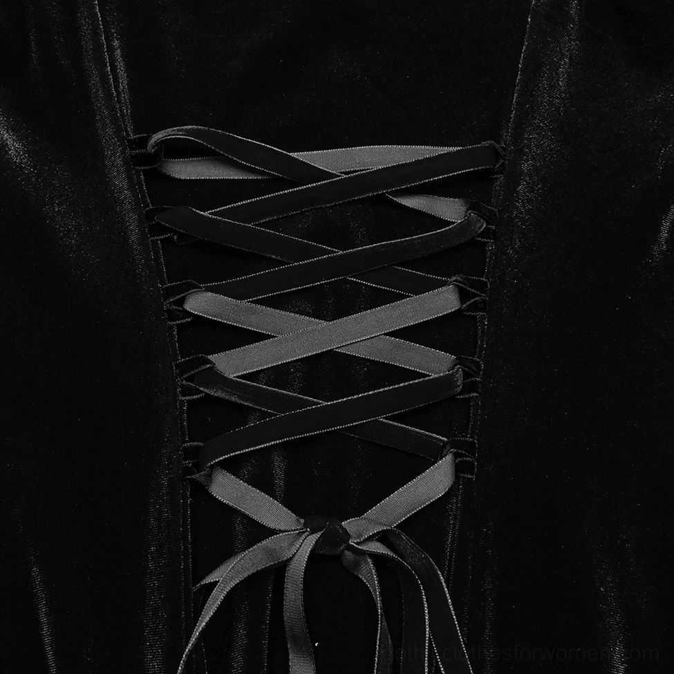 Back closure detail of black gothic dress showing velvet ribbon lace-up tie and adjustable fit mechanism