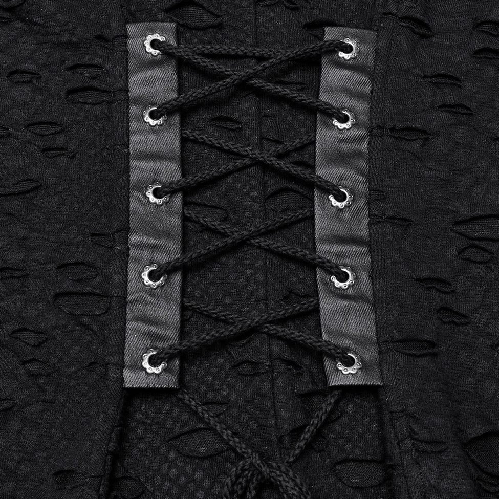 High-resolution close-up of gothic dress back lace-up closure showing woven cord lacing system and tattered distressed fabric details