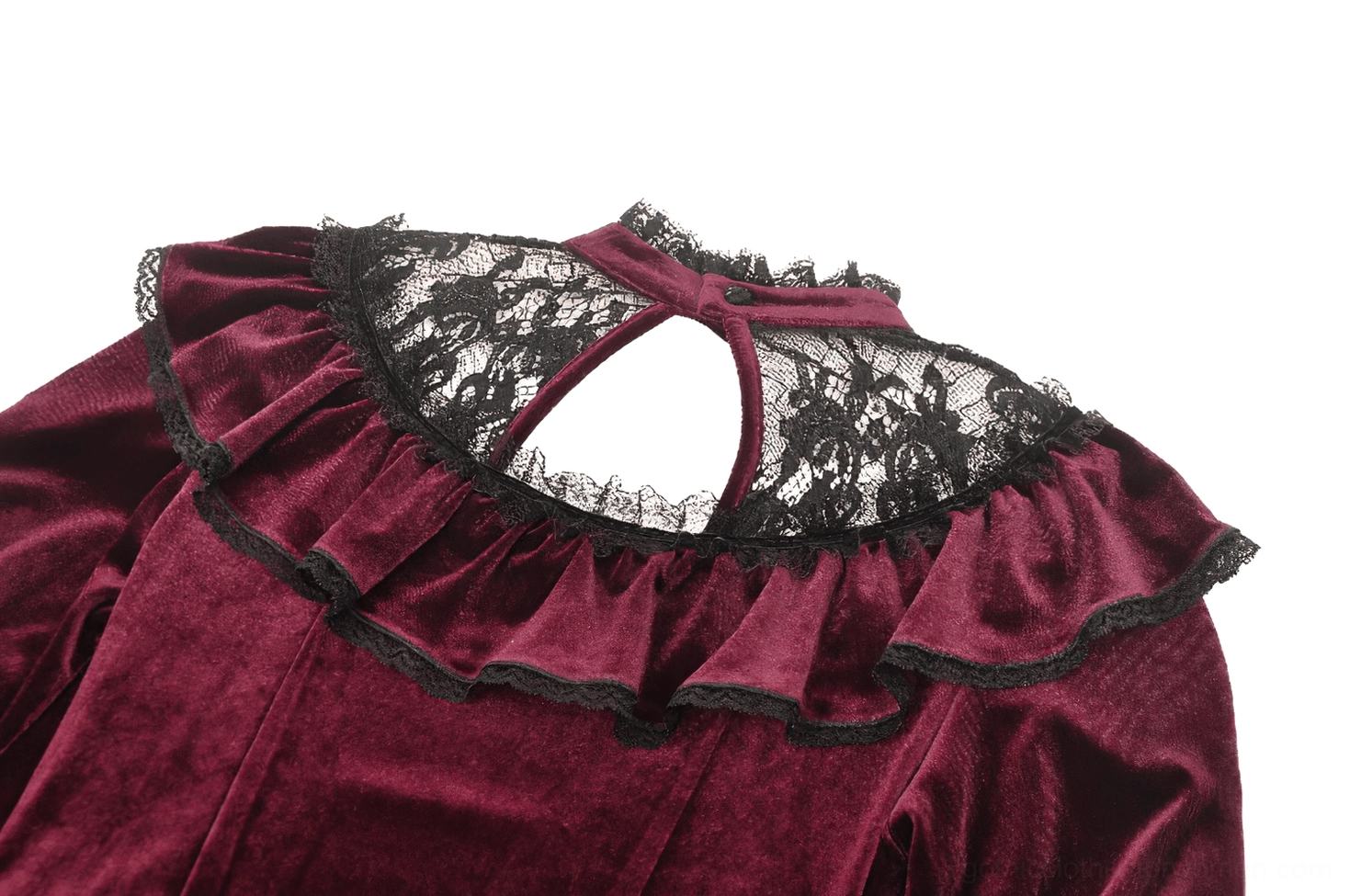 Gothic mini dress back neckline with open lace yoke cutout and ruffled trim side view