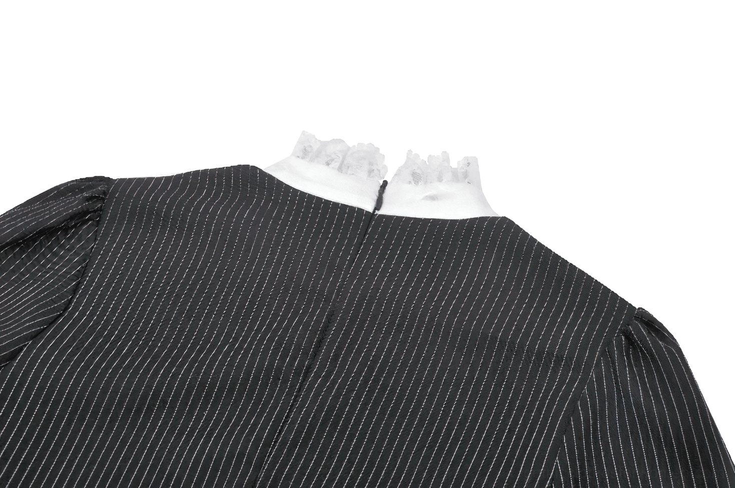 Close-up back view of gothic dress lace neck trim and hidden zipper closure on pinstripe fabric