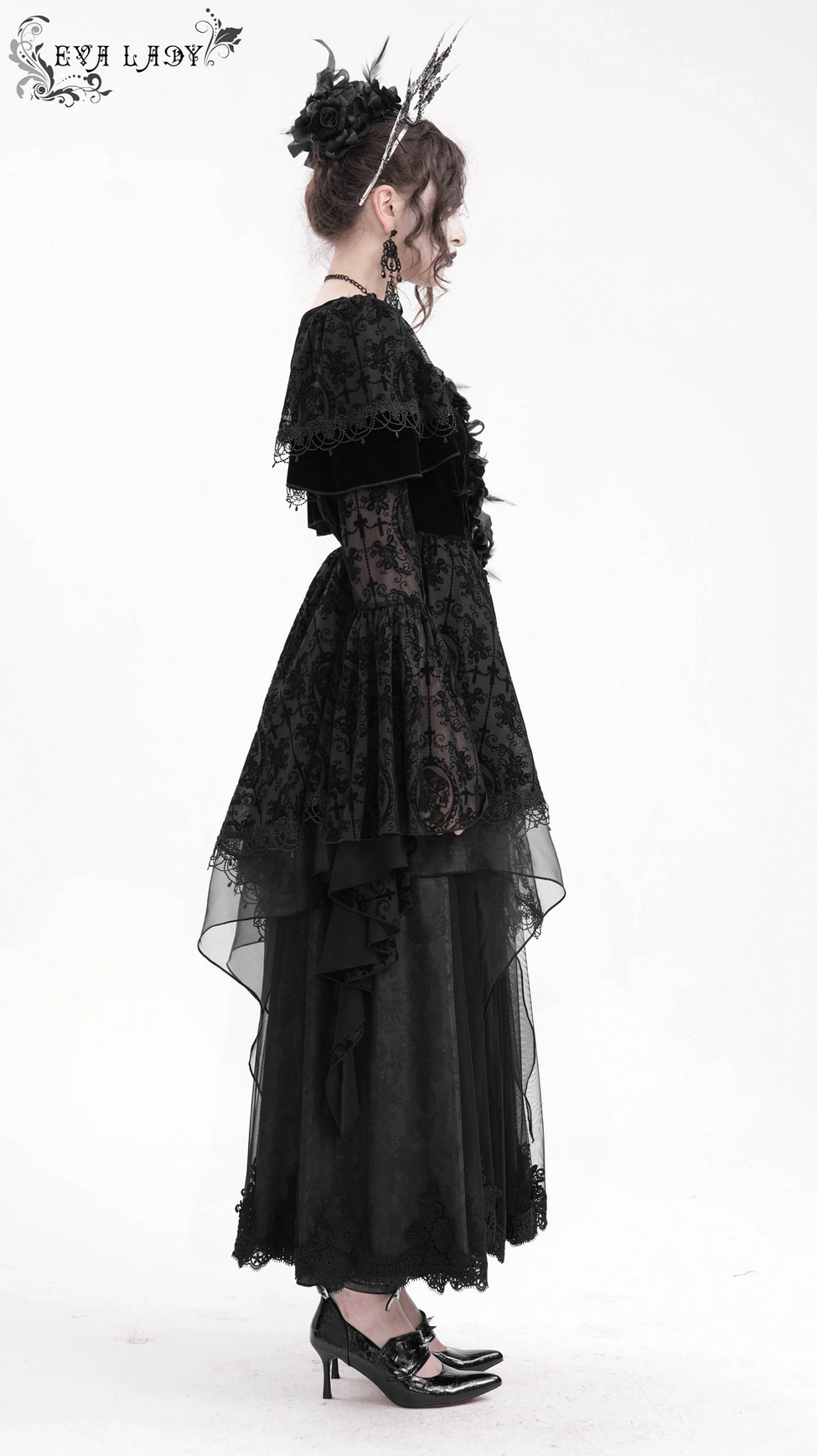 Rear product view of black gothic lace dress featuring lace-up back design, velvet bodice, and layered lace skirt
