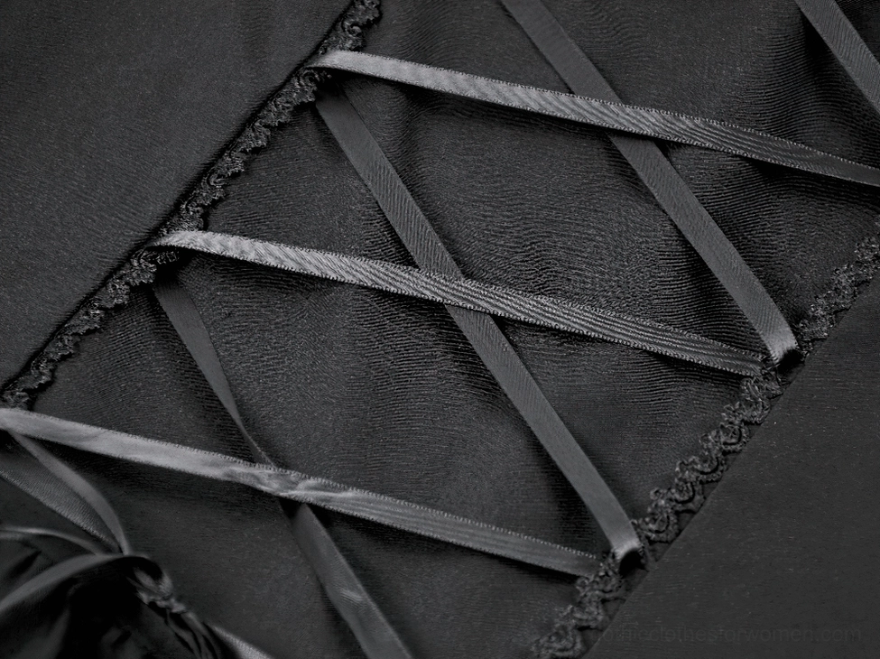 Black gothic lace-up dress back profile showing puff sleeves and layered ruffled hem construction