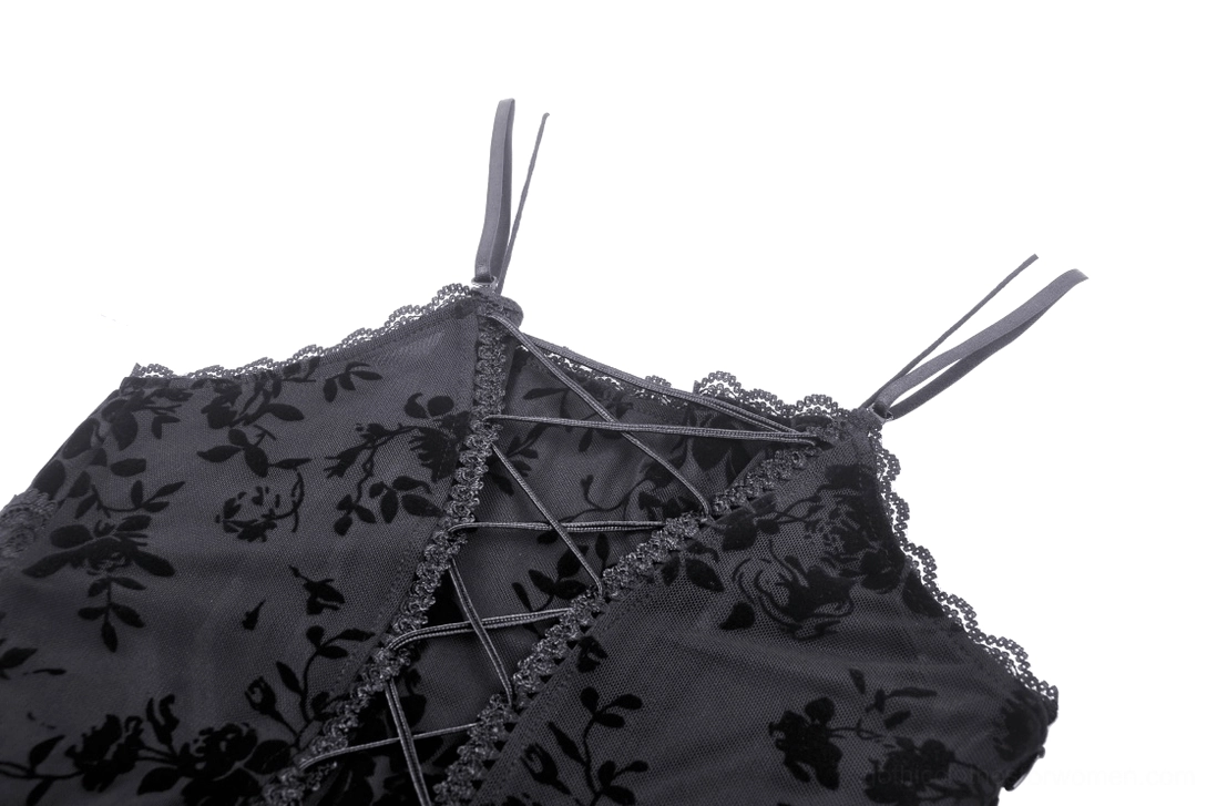 Close-up of black gothic dress back straps showing lace-up corset design and spaghetti strap construction