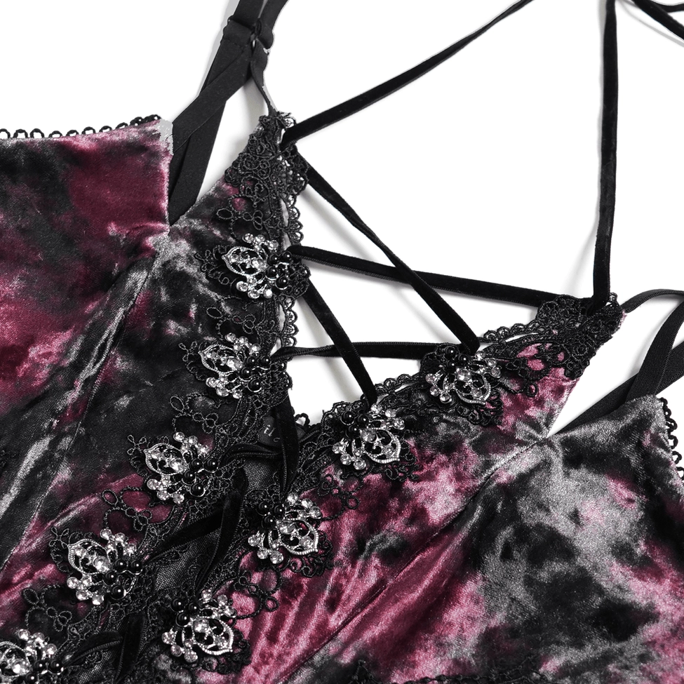 Back flat lay detail of burgundy black gothic dress with thin spaghetti straps and velvet tie-dye fabric texture